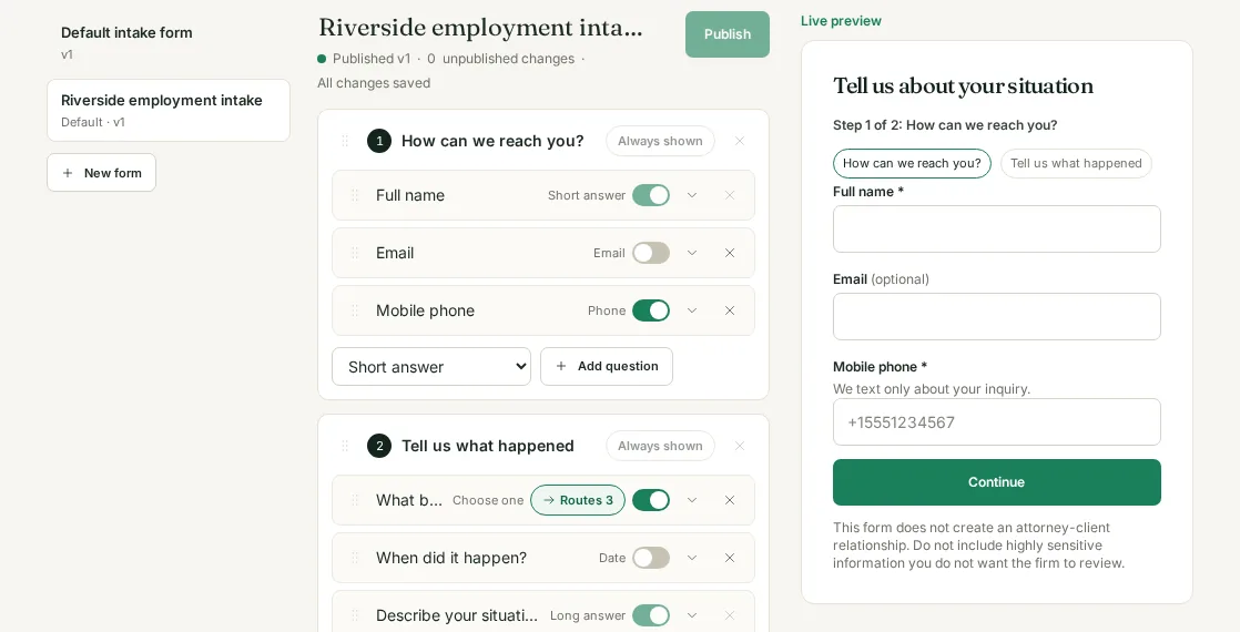 The form builder: a two step employment intake form with a live preview and a Copy embed code button.